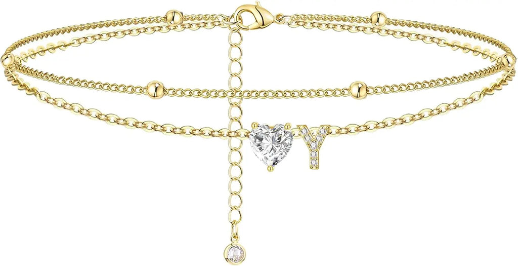 Golden Initial Heart Layered Anklet