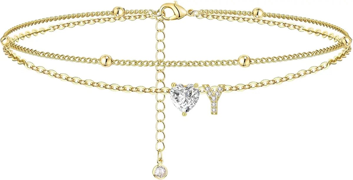 Golden Initial Heart Layered Anklet