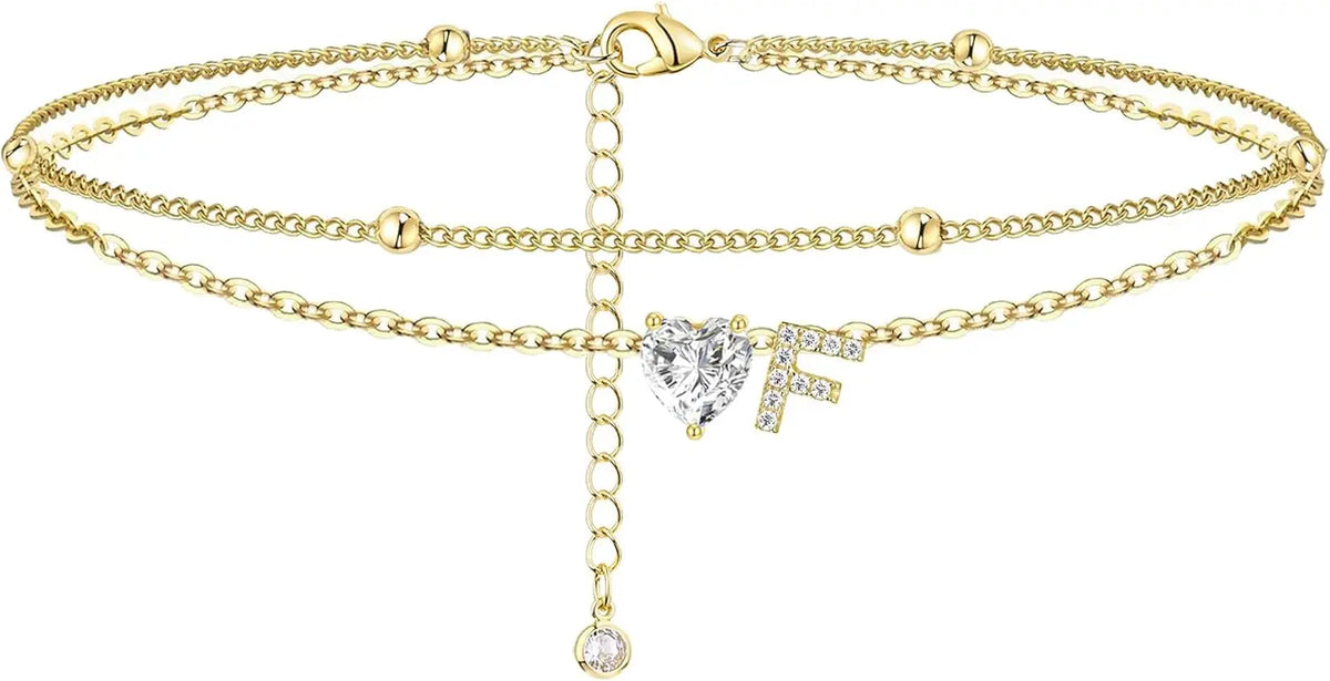 Golden Initial Heart Layered Anklet