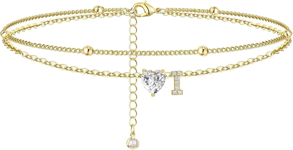 Golden Initial Heart Layered Anklet