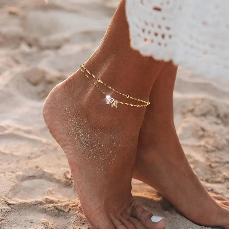 Golden Initial Heart Layered Anklet