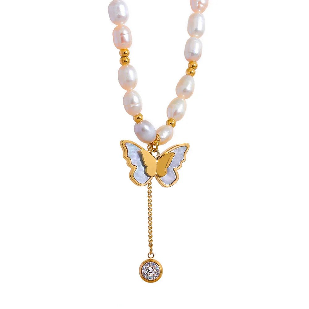 Freshwater Pearl Butterfly Pendant Necklace - Oreela