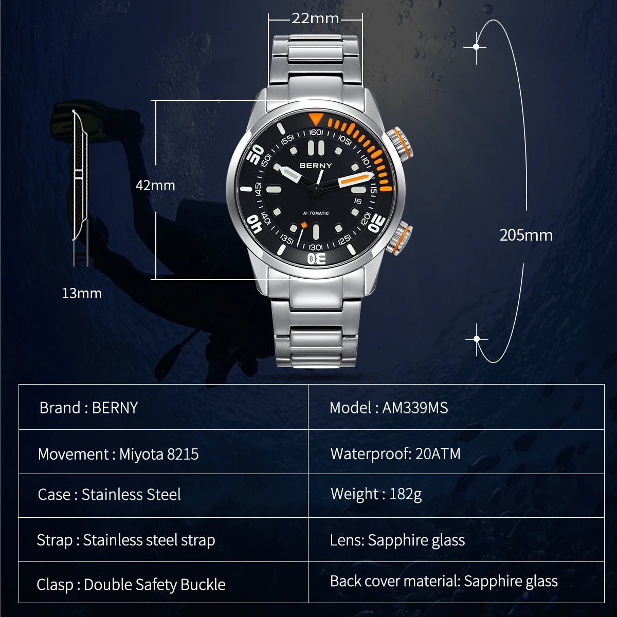 BERNY Automatic Dive Watch for Men Super Luminous - Oreela