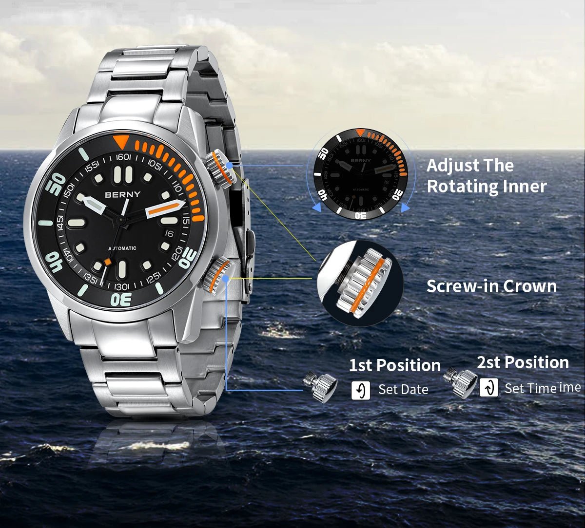BERNY Automatic Dive Watch for Men Super Luminous - Oreela