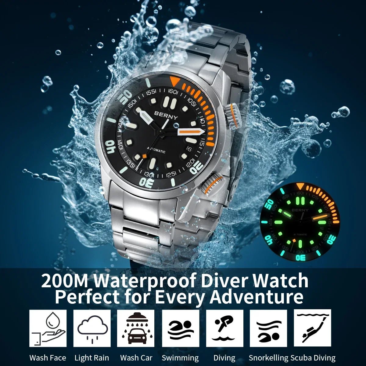 BERNY Automatic Dive Watch for Men Super Luminous - Oreela