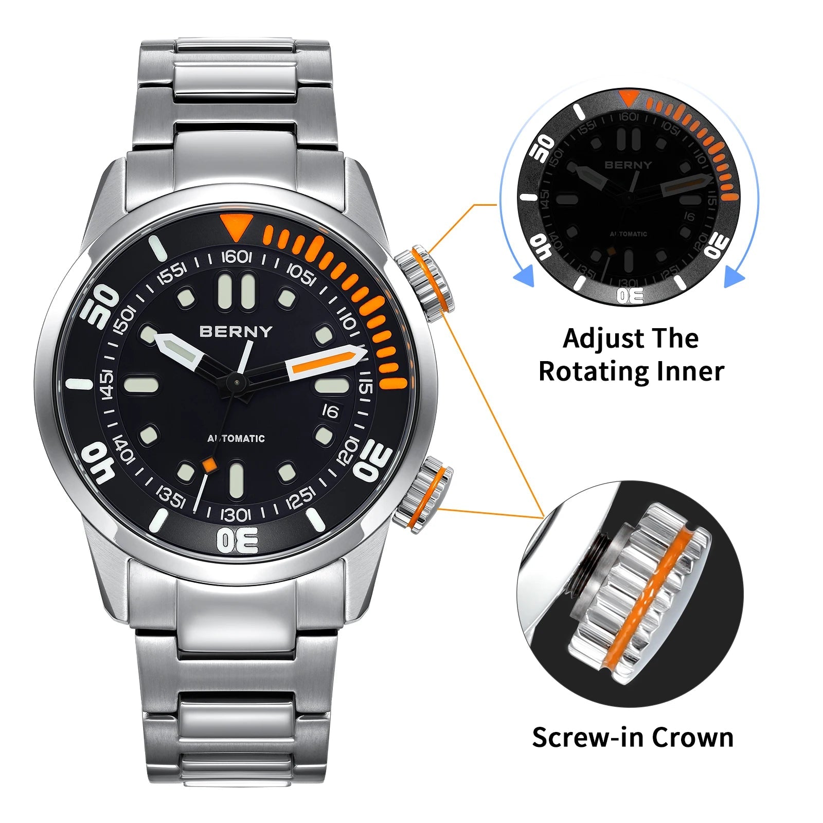 BERNY Automatic Dive Watch for Men Super Luminous - Oreela