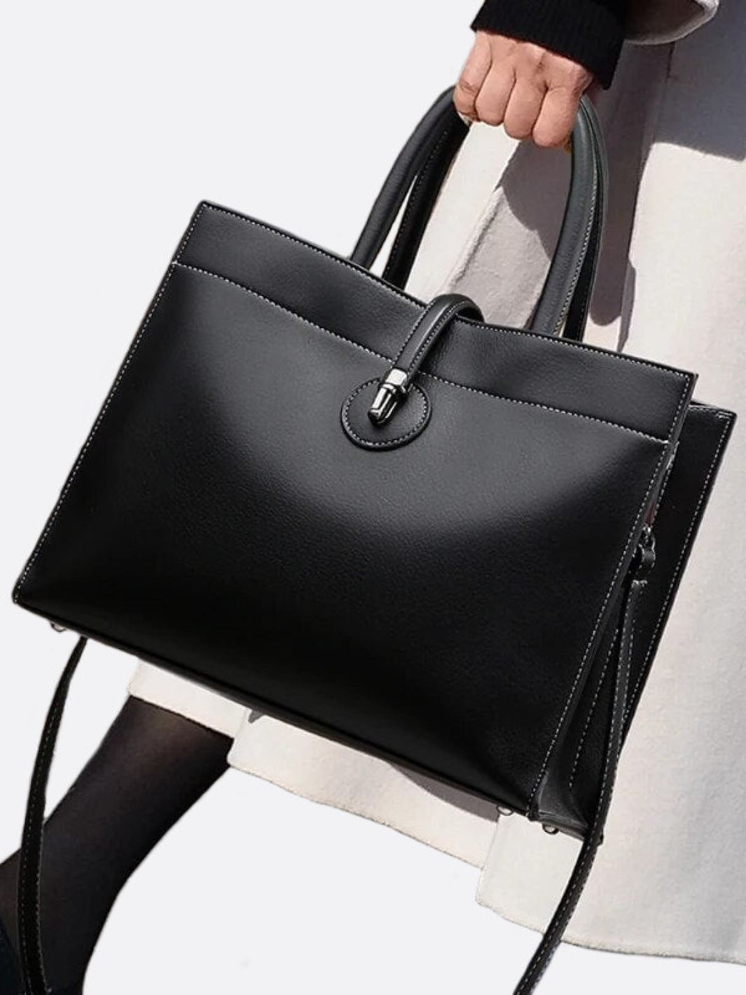 Black Leather Tote Handbag - Oreela