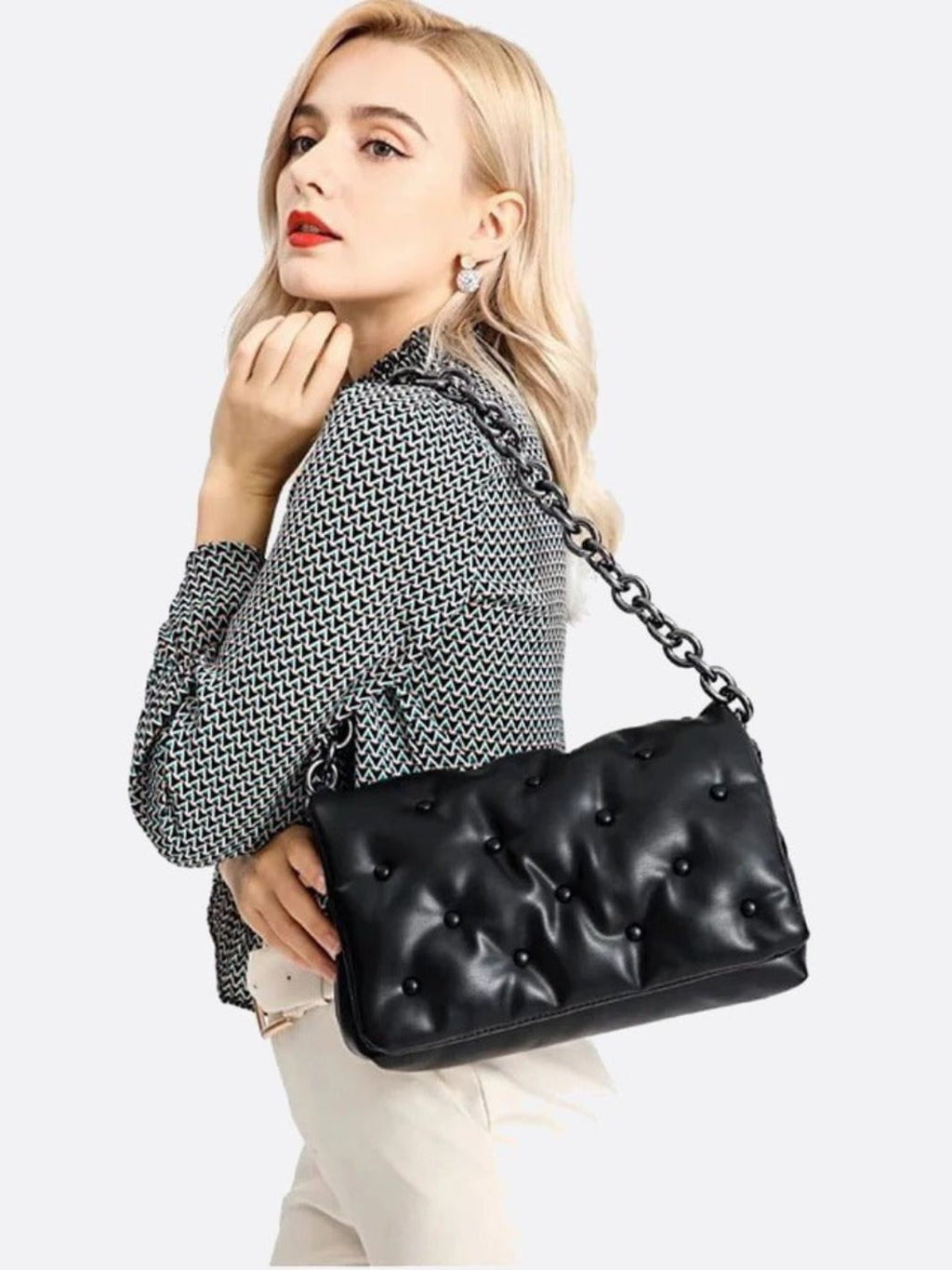 Black Quilted Chain Strap Shoulder Bag - Oreela