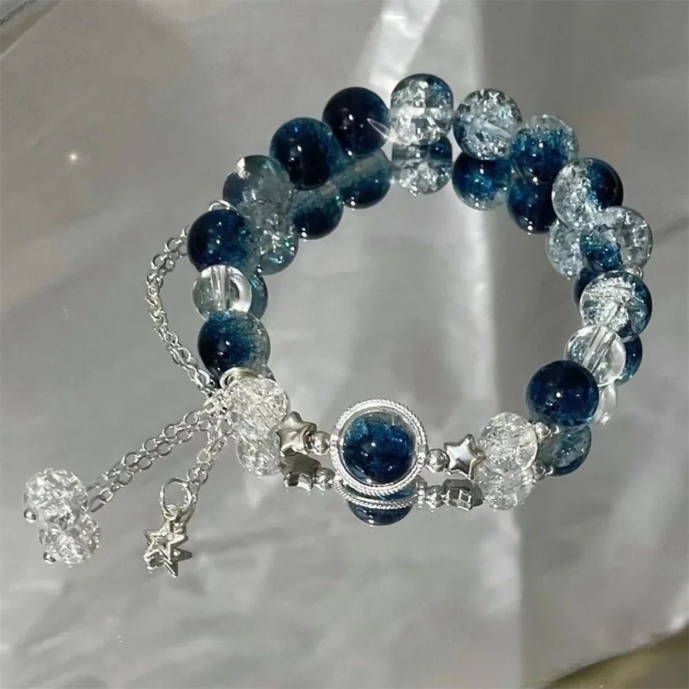 Crystal Niche Design Star Chain Tassel Bracelet for Women Fantasy Blue Beads Elastic Rope Bracelet Best Friend Jewelry Gifts - Oreela