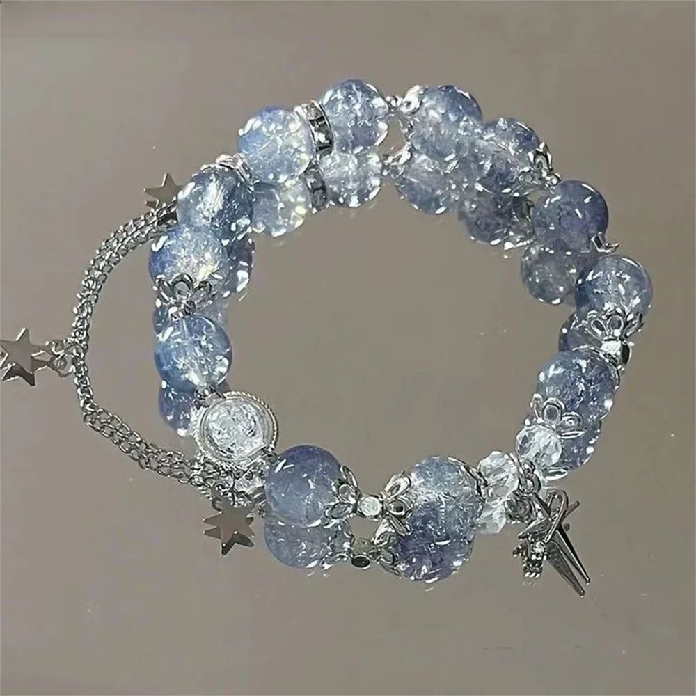 Crystal Niche Design Star Chain Tassel Bracelet for Women Fantasy Blue Beads Elastic Rope Bracelet Best Friend Jewelry Gifts - Oreela