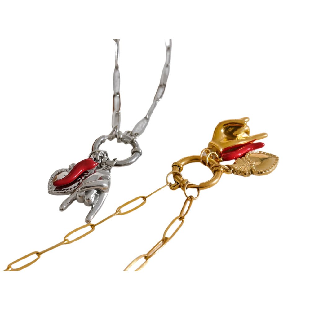 Palm & Red Chili Heart Pendant Necklace - Oreela