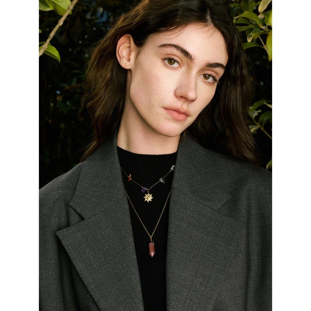 Double - Layer Sun Amethyst Drop Necklace - Oreela