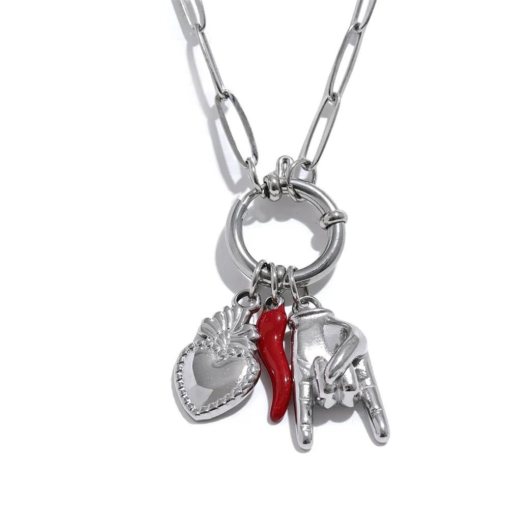 Palm & Red Chili Heart Pendant Necklace - Oreela