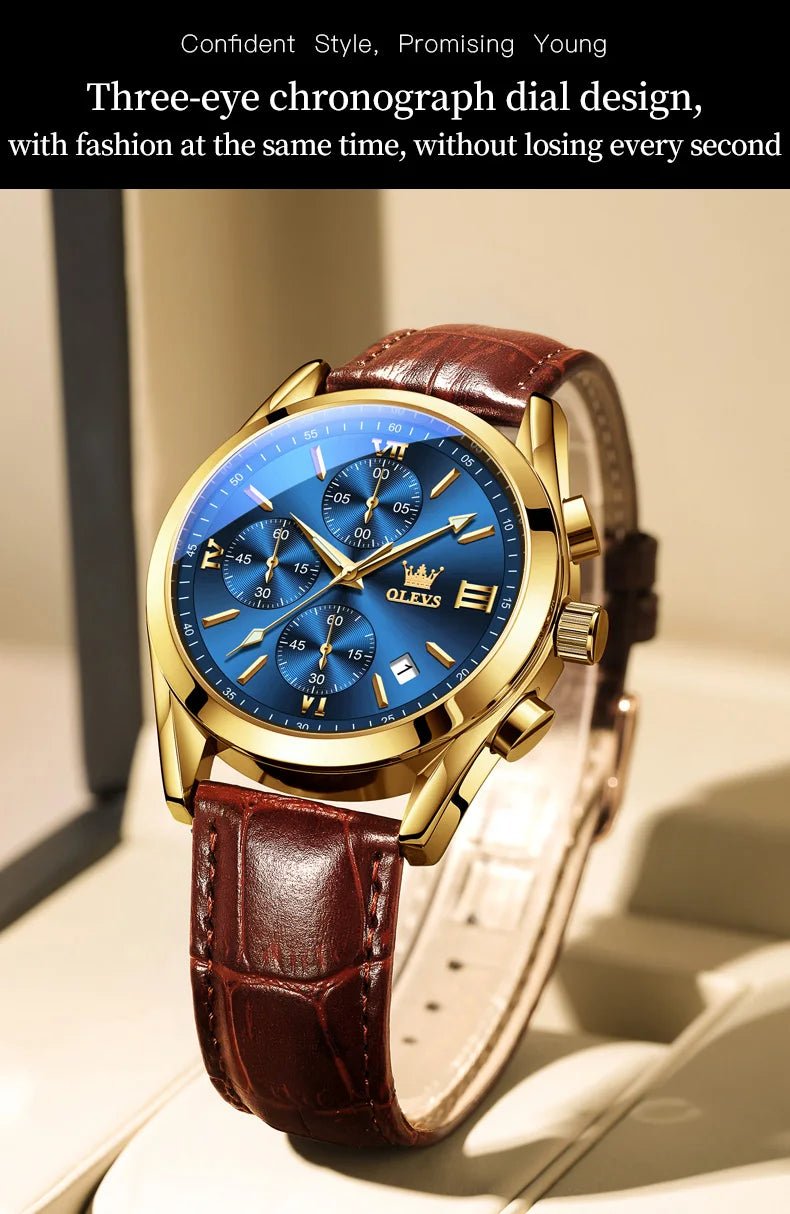 OLEVS Brand Business Men's Watch with Leather Strap - Oreela