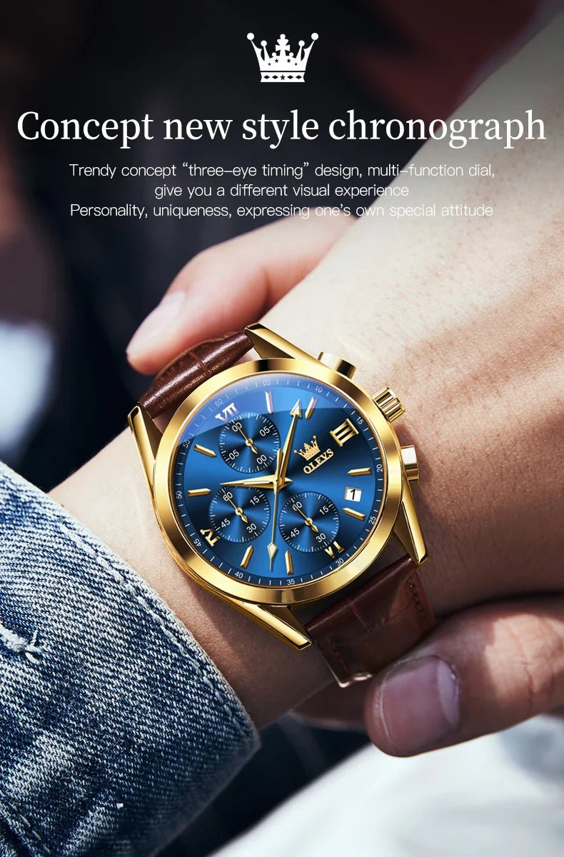 OLEVS Brand Business Men's Watch with Leather Strap - Oreela