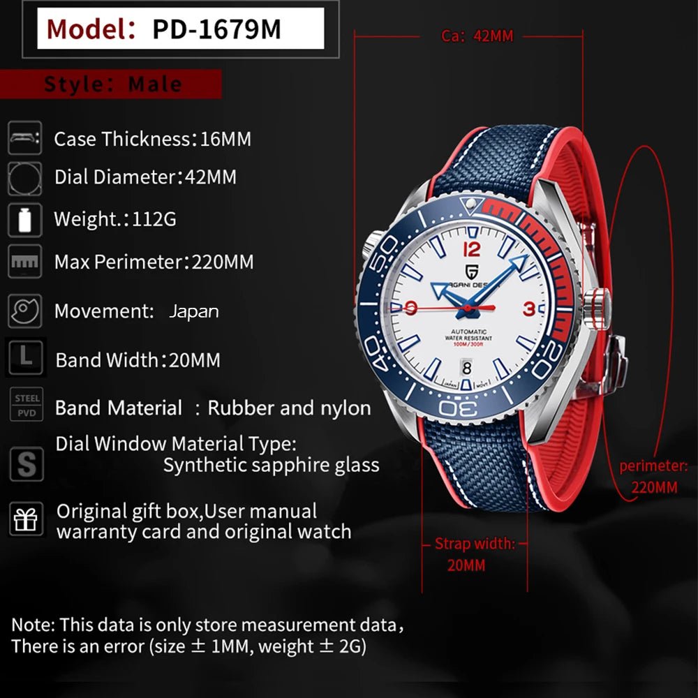 PAGANI DESIGN 100M Waterproof Watch Outdoor Military Sports Ultra Luminous Dial Men's - Oreela