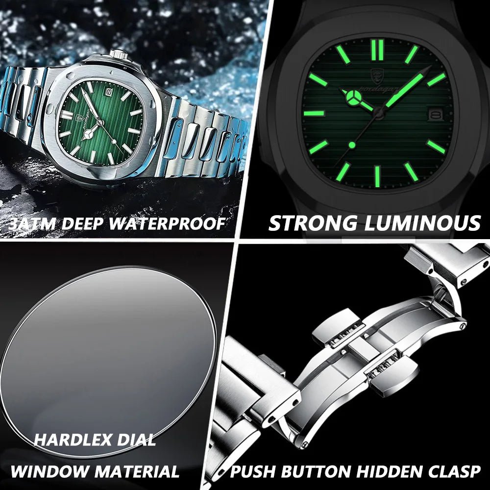 POEDAGAR Square Business Men Clock Stainless Steel Waterproof - Oreela