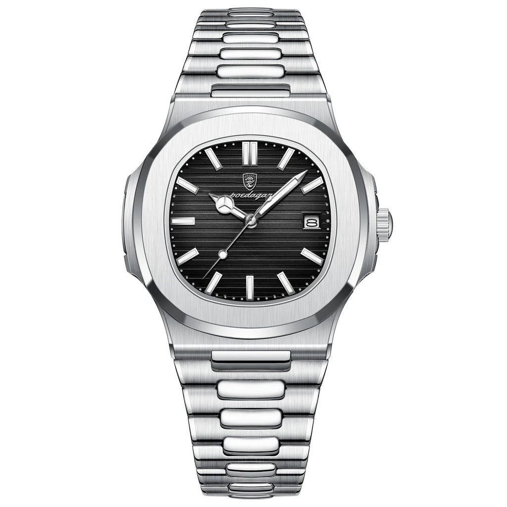 POEDAGAR Square Business Men Clock Stainless Steel Waterproof - Oreela
