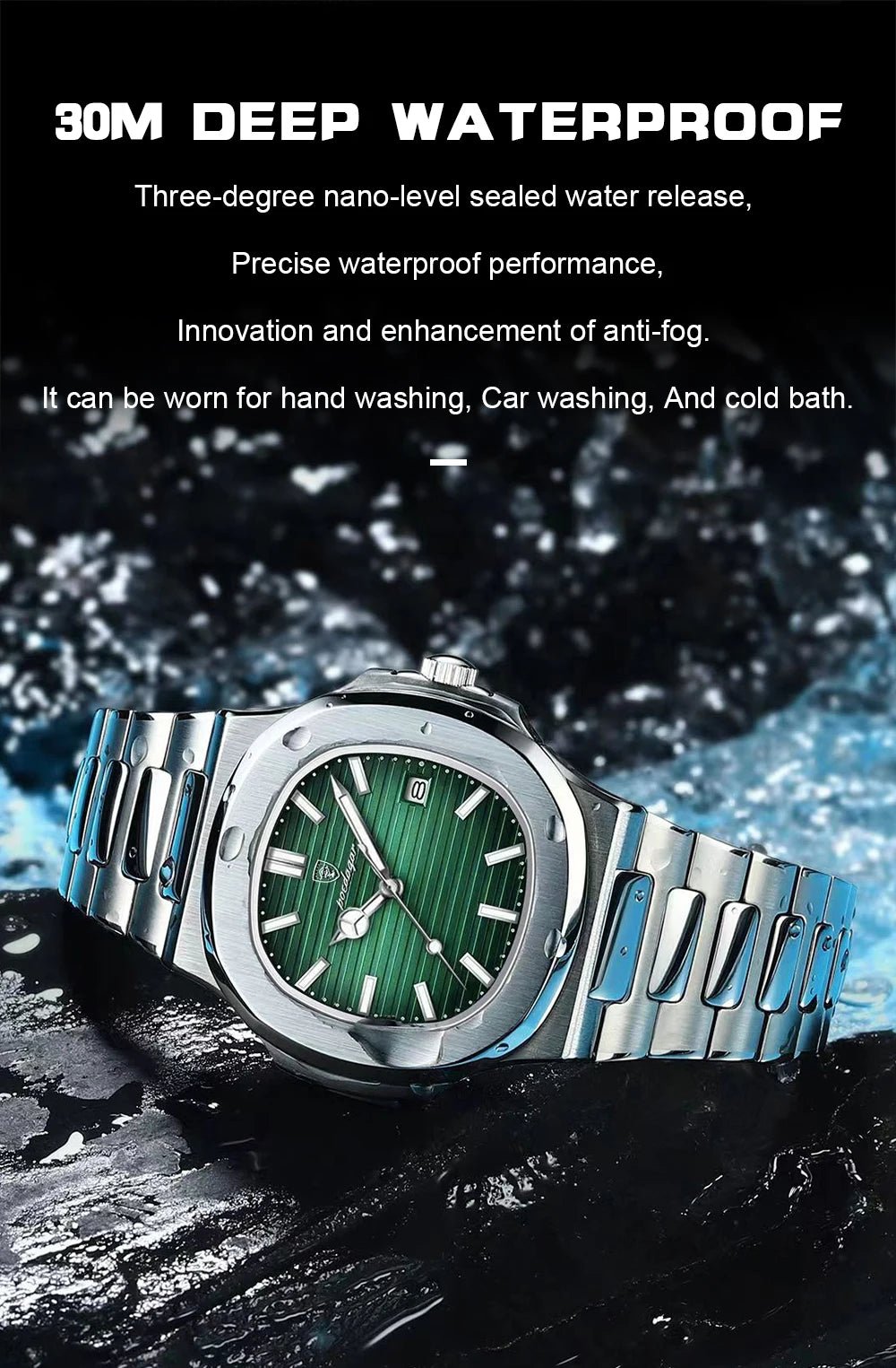 POEDAGAR Square Business Men Clock Stainless Steel Waterproof - Oreela