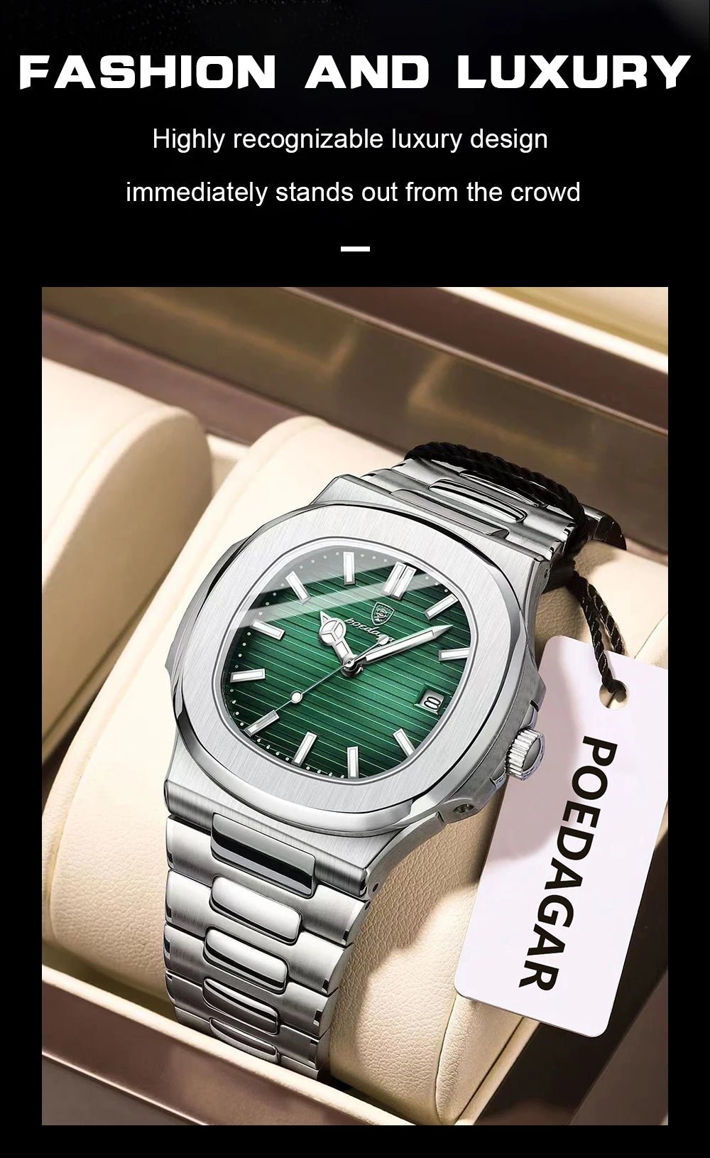 POEDAGAR Square Business Men Clock Stainless Steel Waterproof - Oreela