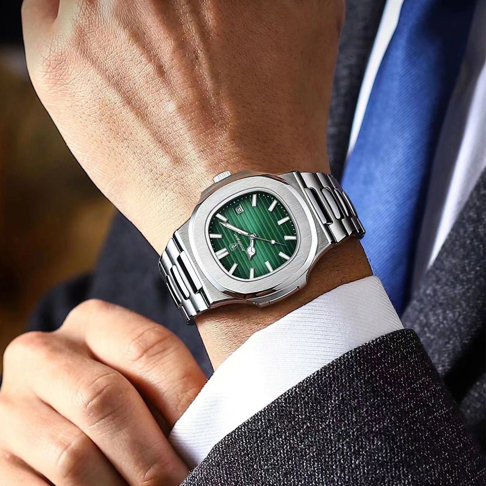 POEDAGAR Square Business Men Clock Stainless Steel Waterproof - Oreela