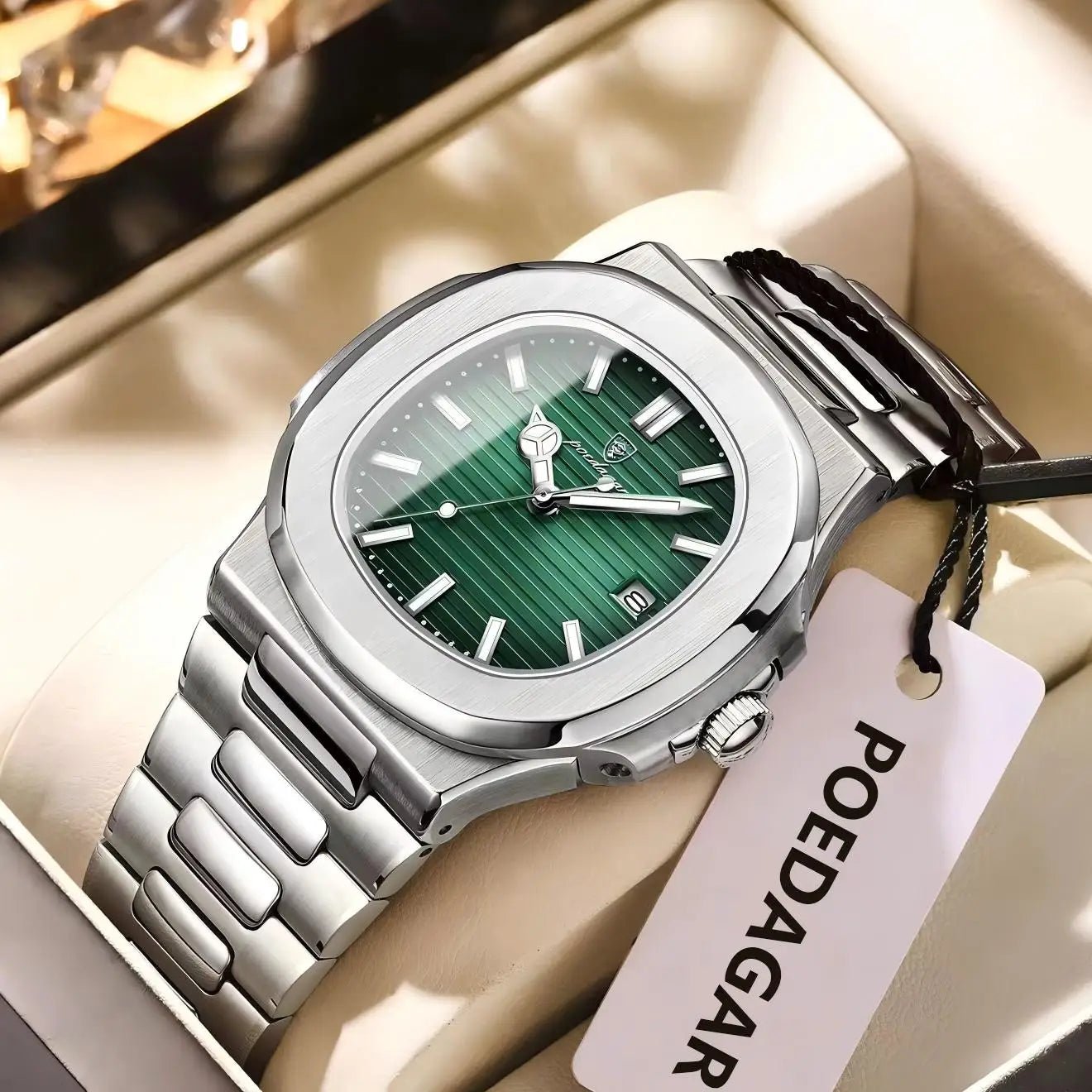 POEDAGAR Square Business Men Clock Stainless Steel Waterproof - Oreela