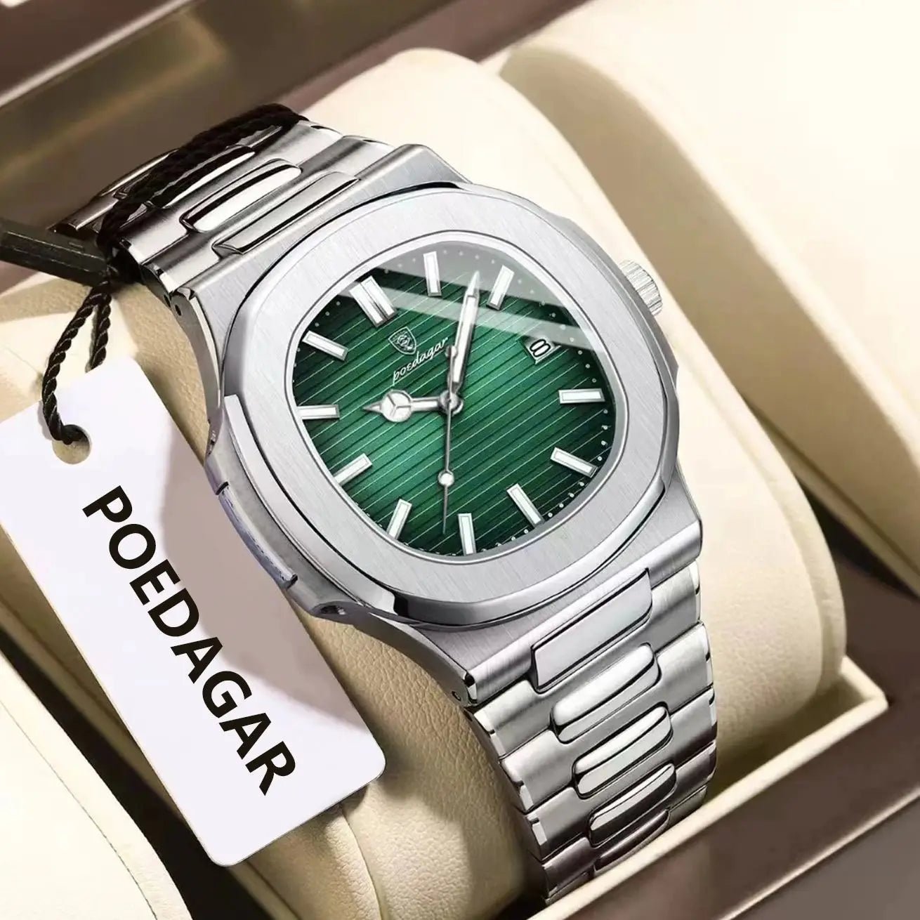 POEDAGAR Square Business Men Clock Stainless Steel Waterproof - Oreela