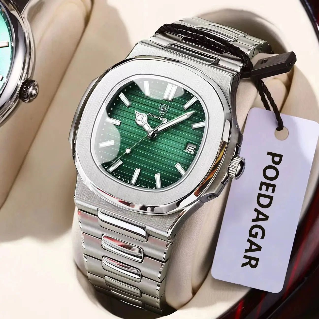 POEDAGAR Square Business Men Clock Stainless Steel Waterproof - Oreela