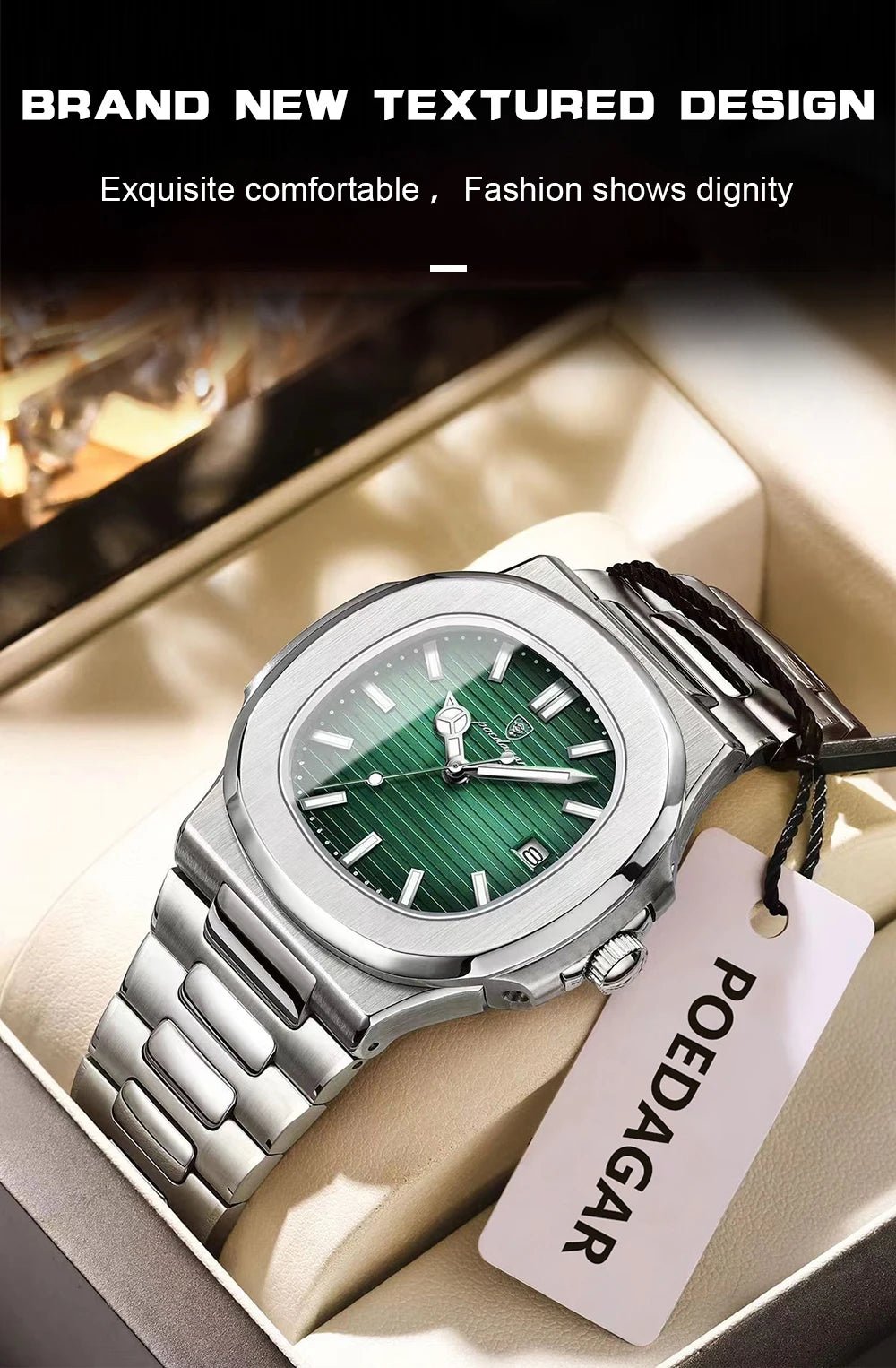 POEDAGAR Square Business Men Clock Stainless Steel Waterproof - Oreela
