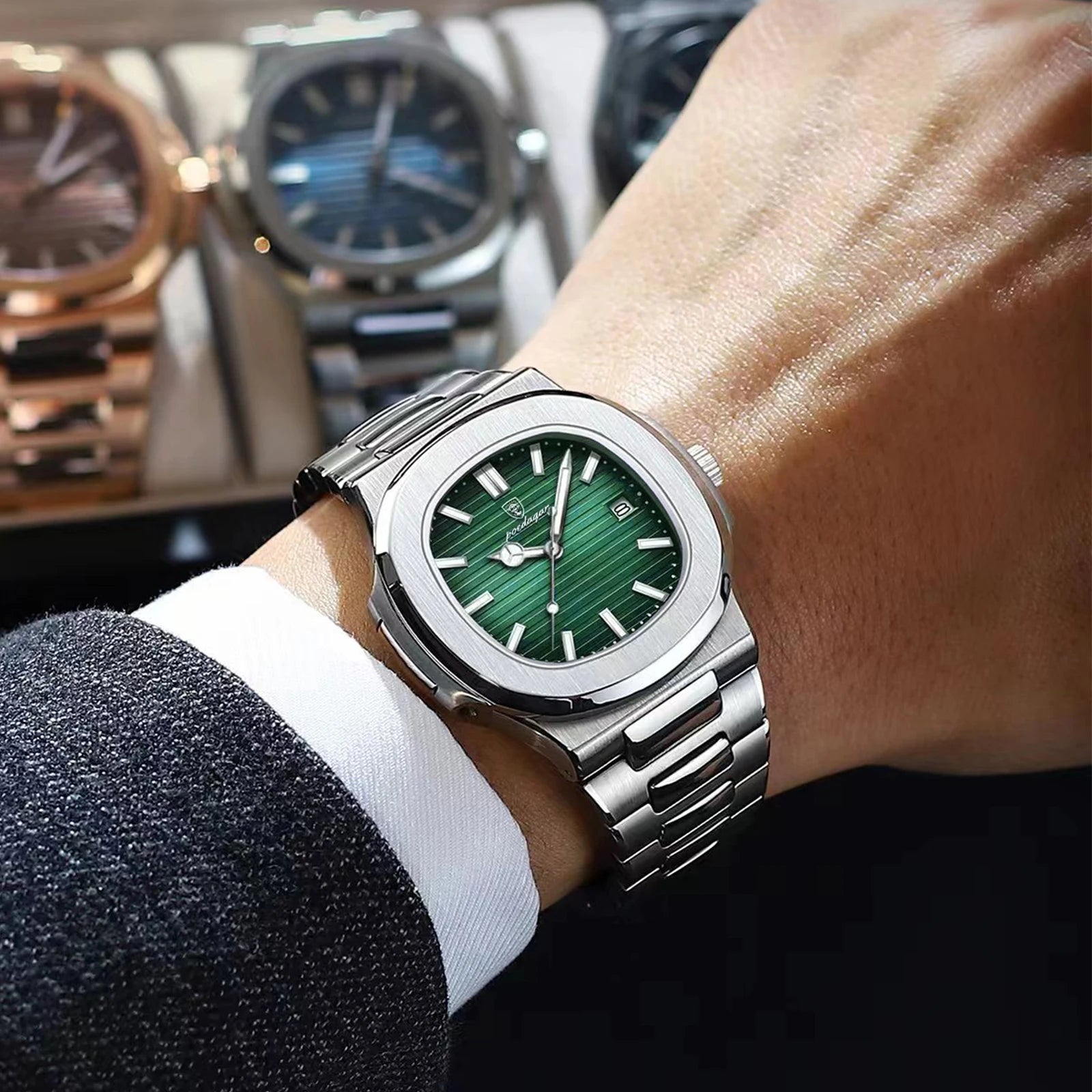 POEDAGAR Square Business Men Clock Stainless Steel Waterproof - Oreela