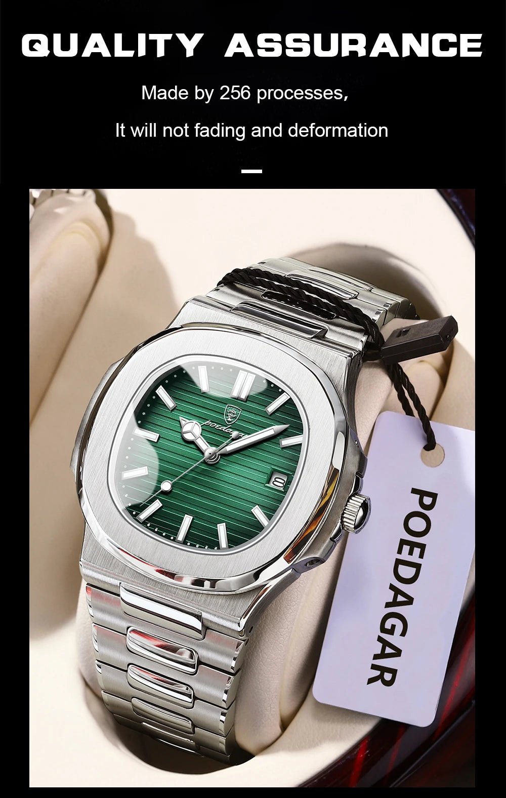 POEDAGAR Square Business Men Clock Stainless Steel Waterproof - Oreela