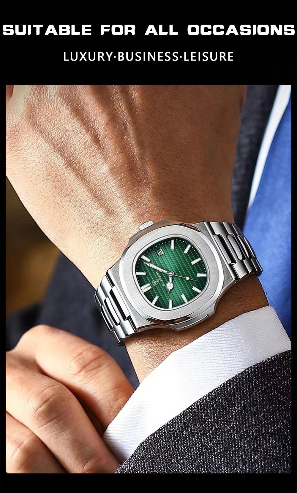 POEDAGAR Square Business Men Clock Stainless Steel Waterproof - Oreela