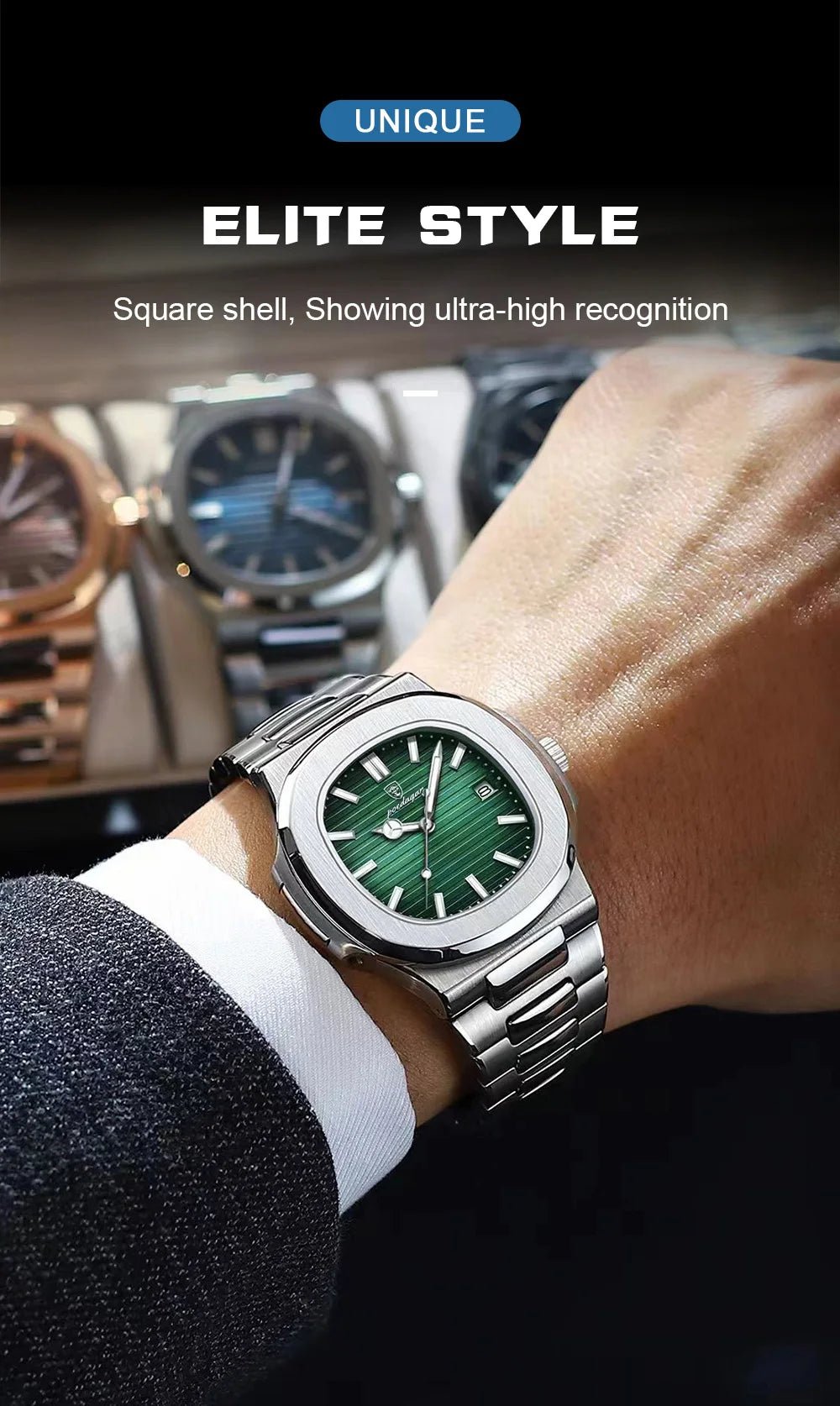 POEDAGAR Square Business Men Clock Stainless Steel Waterproof - Oreela