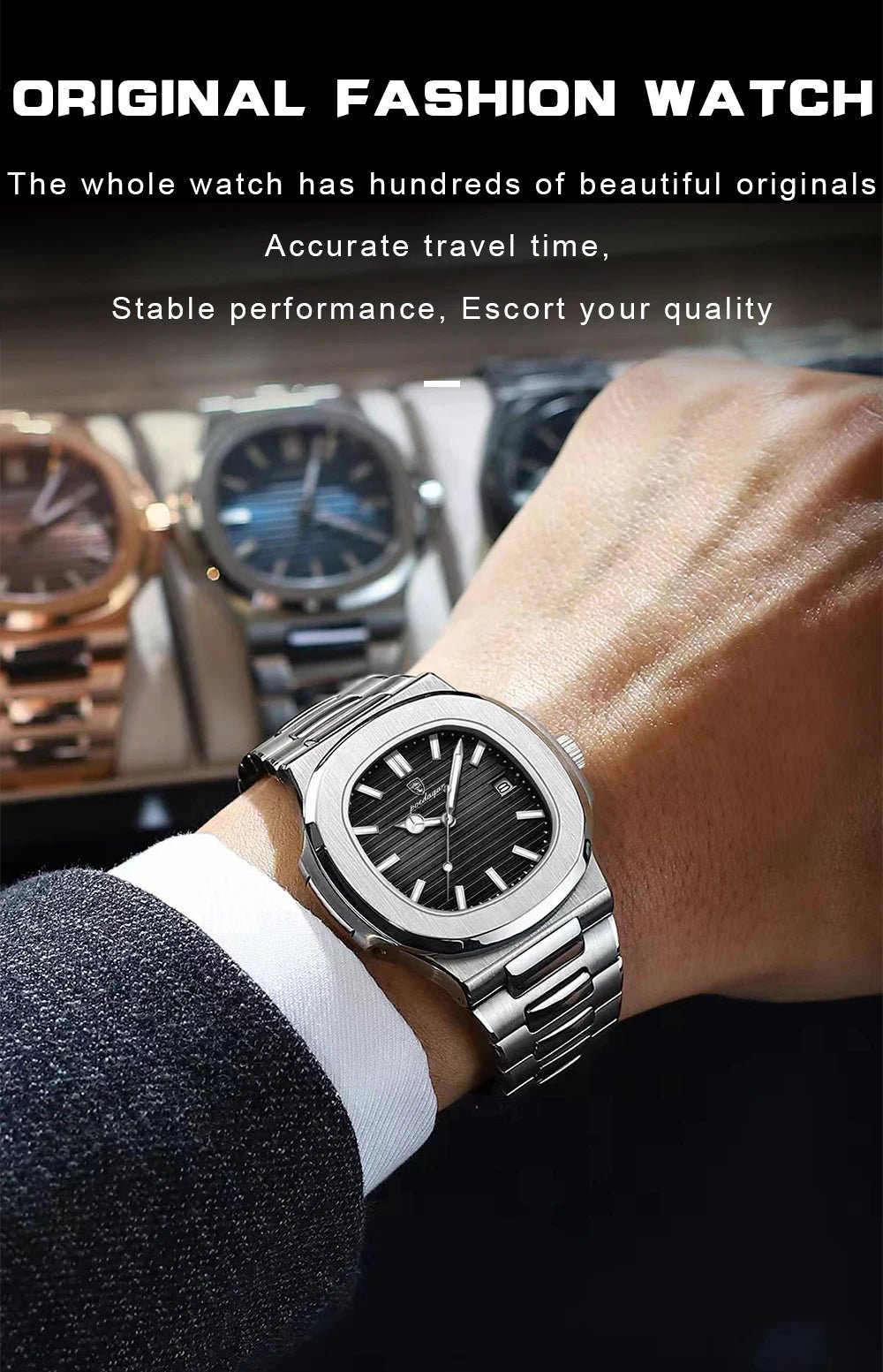POEDAGAR Square Business Men Clock Stainless Steel Waterproof - Oreela
