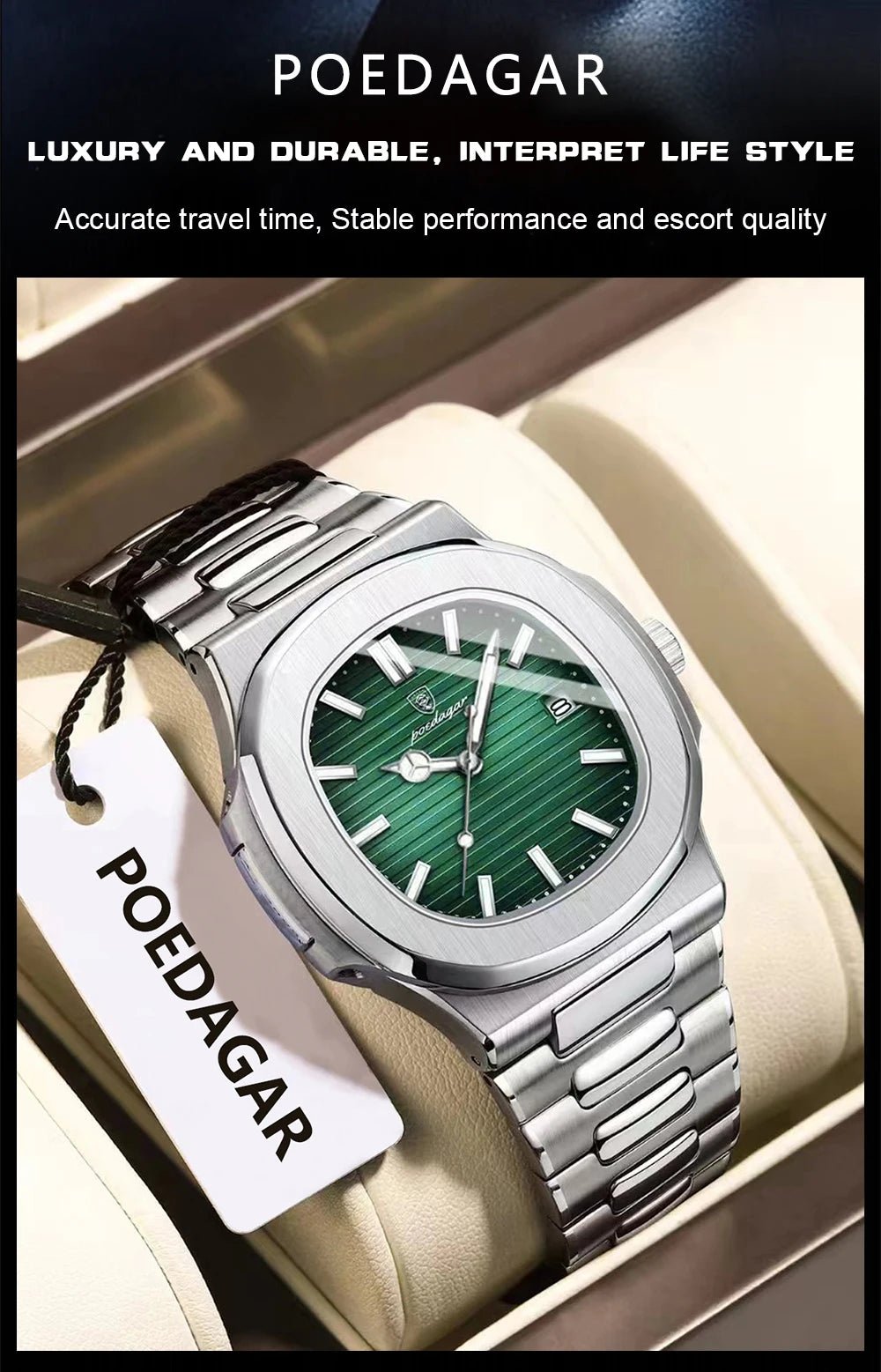 POEDAGAR Square Business Men Clock Stainless Steel Waterproof - Oreela