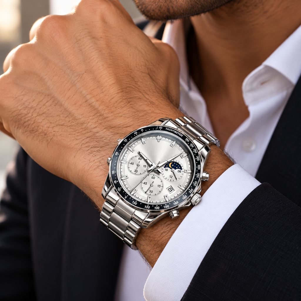 Silver Chronograph Watch with Moonphase Dial
