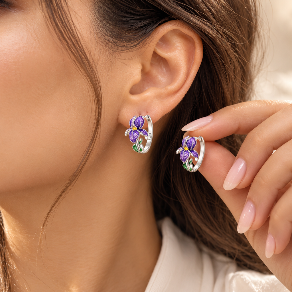 Purple Iris Silver Earrings
