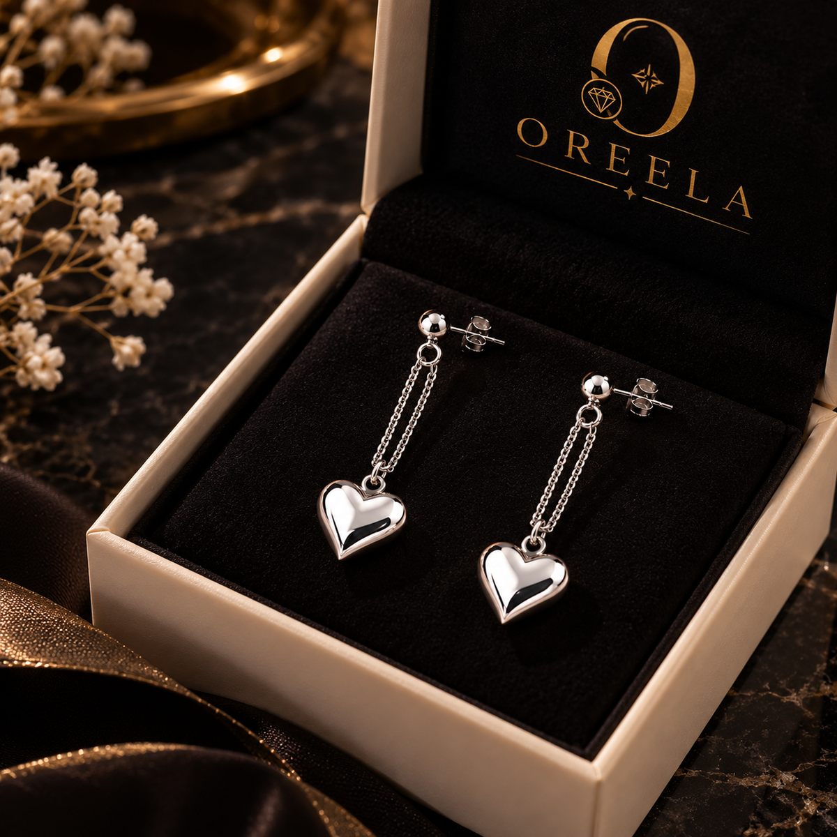 Silver Heart Drop Earrings