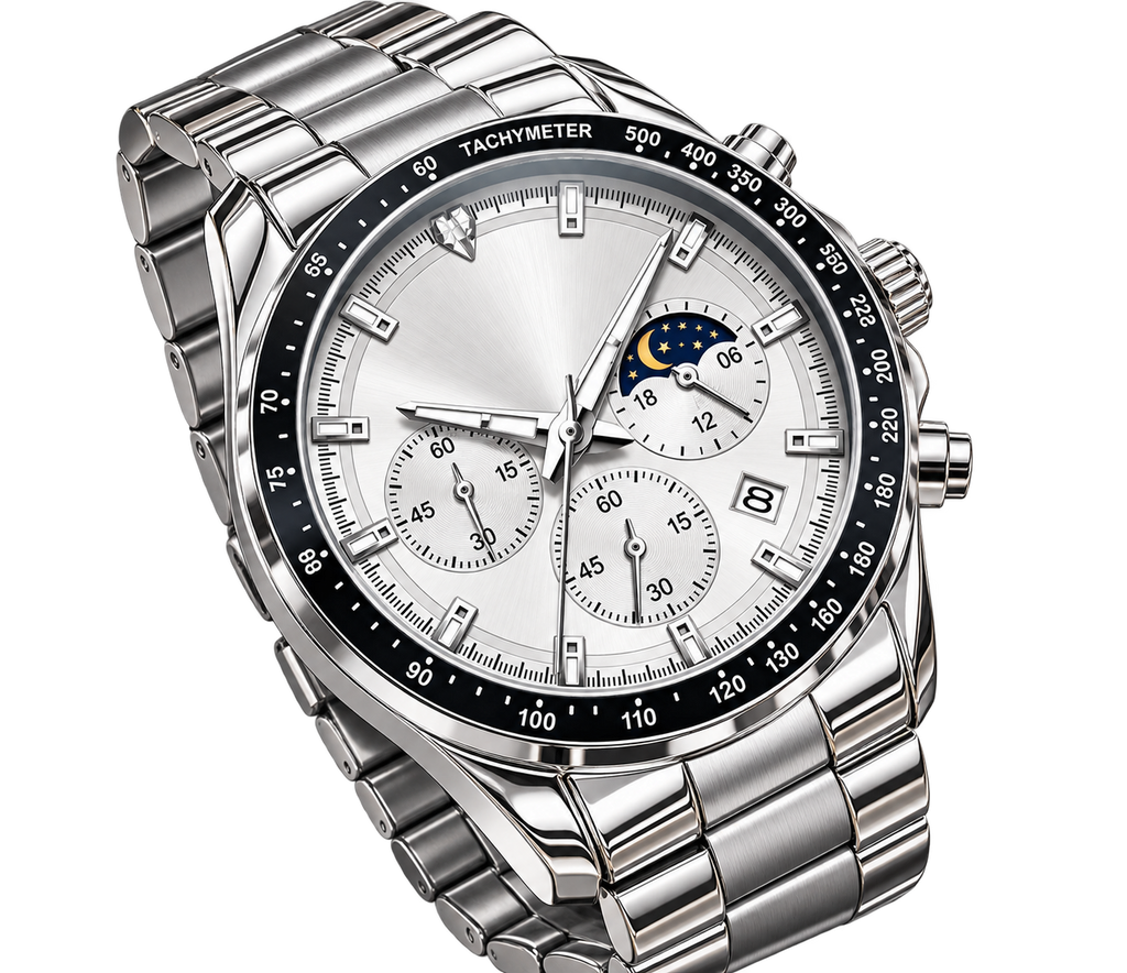Silver Chronograph Watch with Moonphase Dial