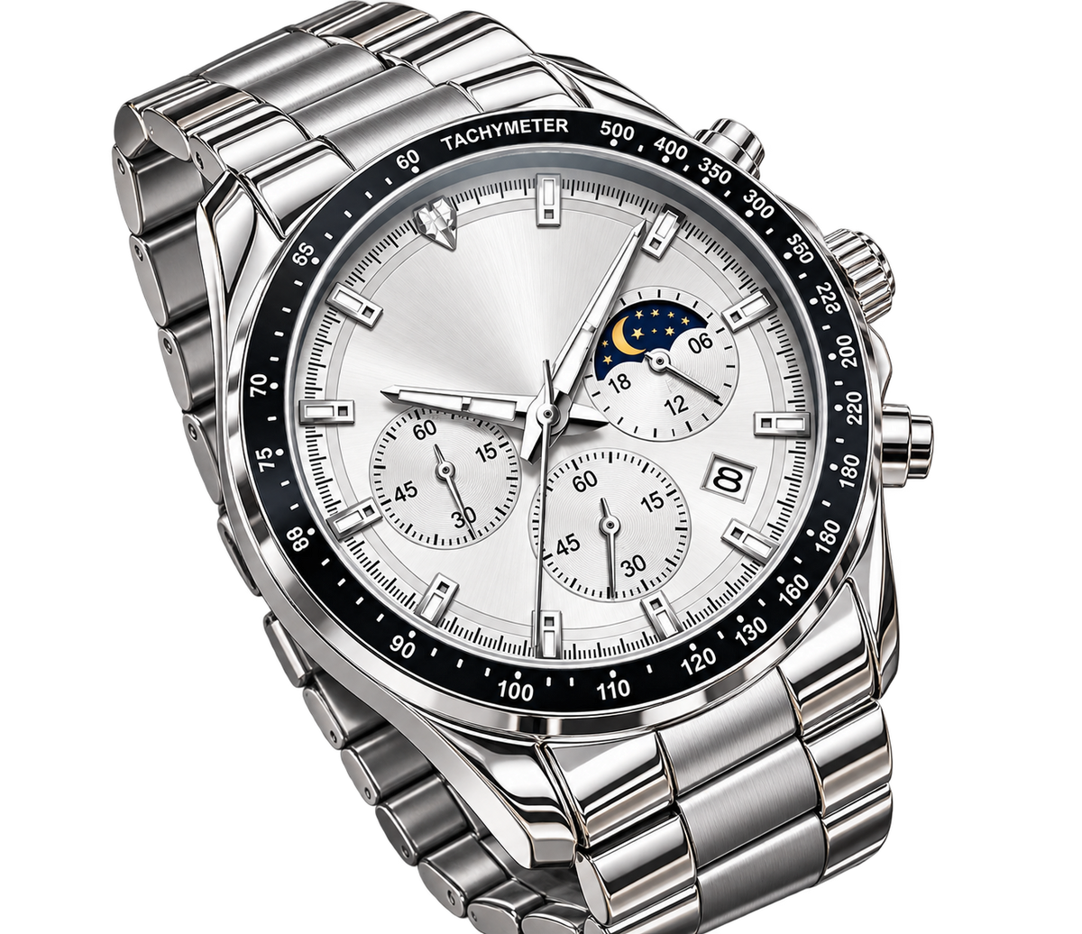 Silver Chronograph Watch with Moonphase Dial