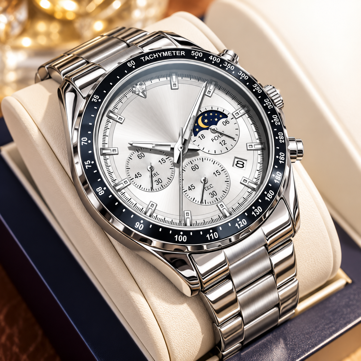 Silver Chronograph Watch with Moonphase Dial