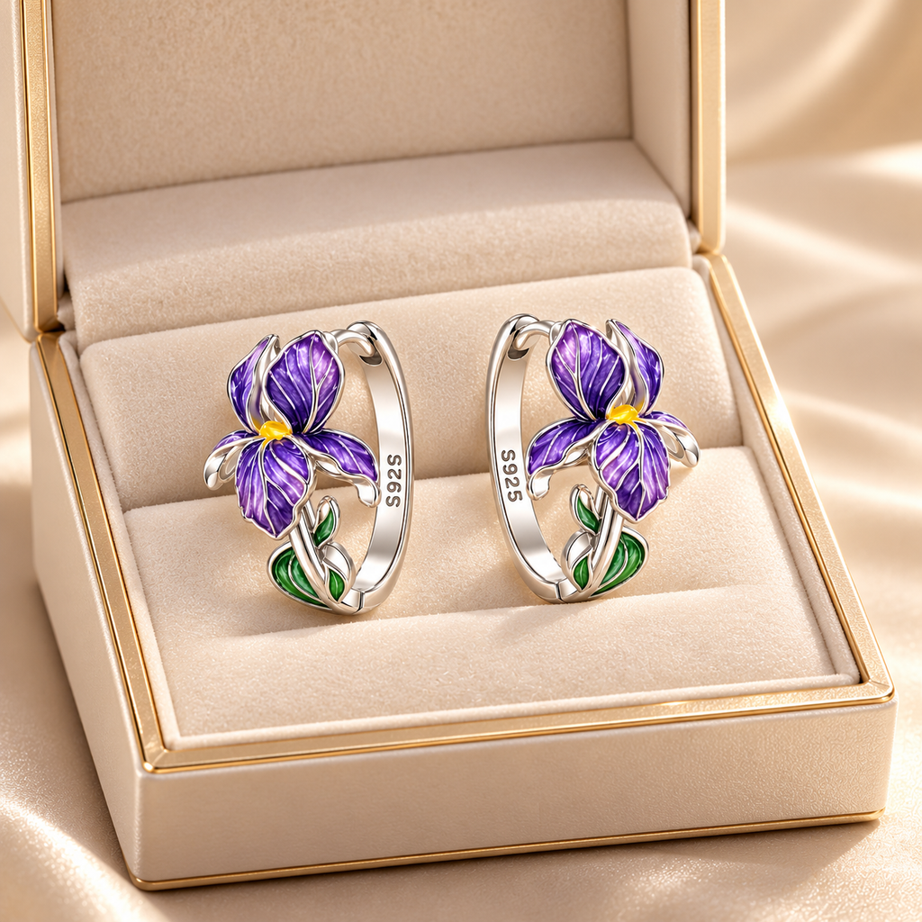 Purple Iris Silver Earrings