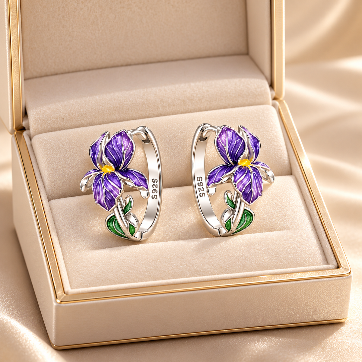 Purple Iris Silver Earrings