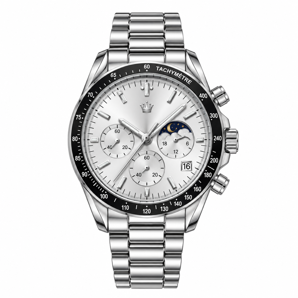 Silver Chronograph Watch with Moonphase Dial