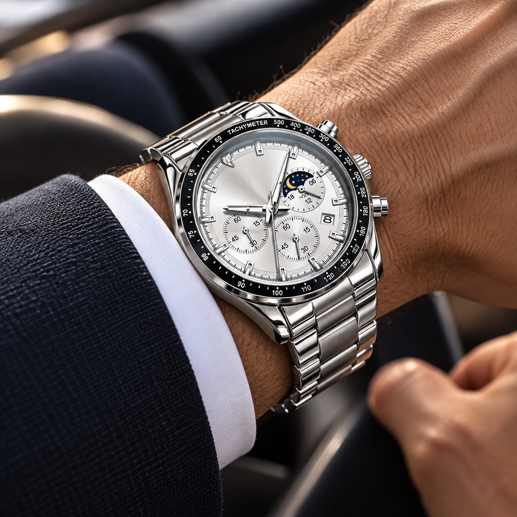 Silver Chronograph Watch with Moonphase Dial