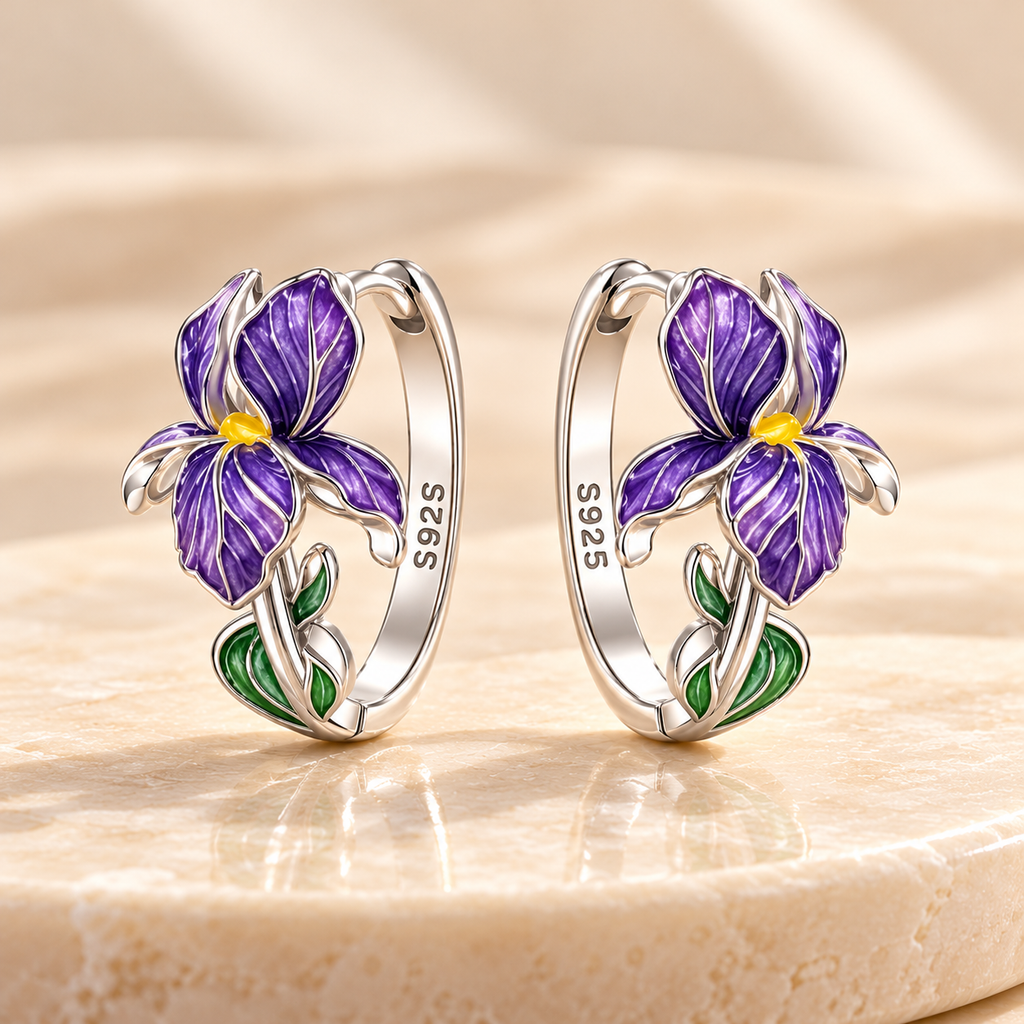 Purple Iris Silver Earrings