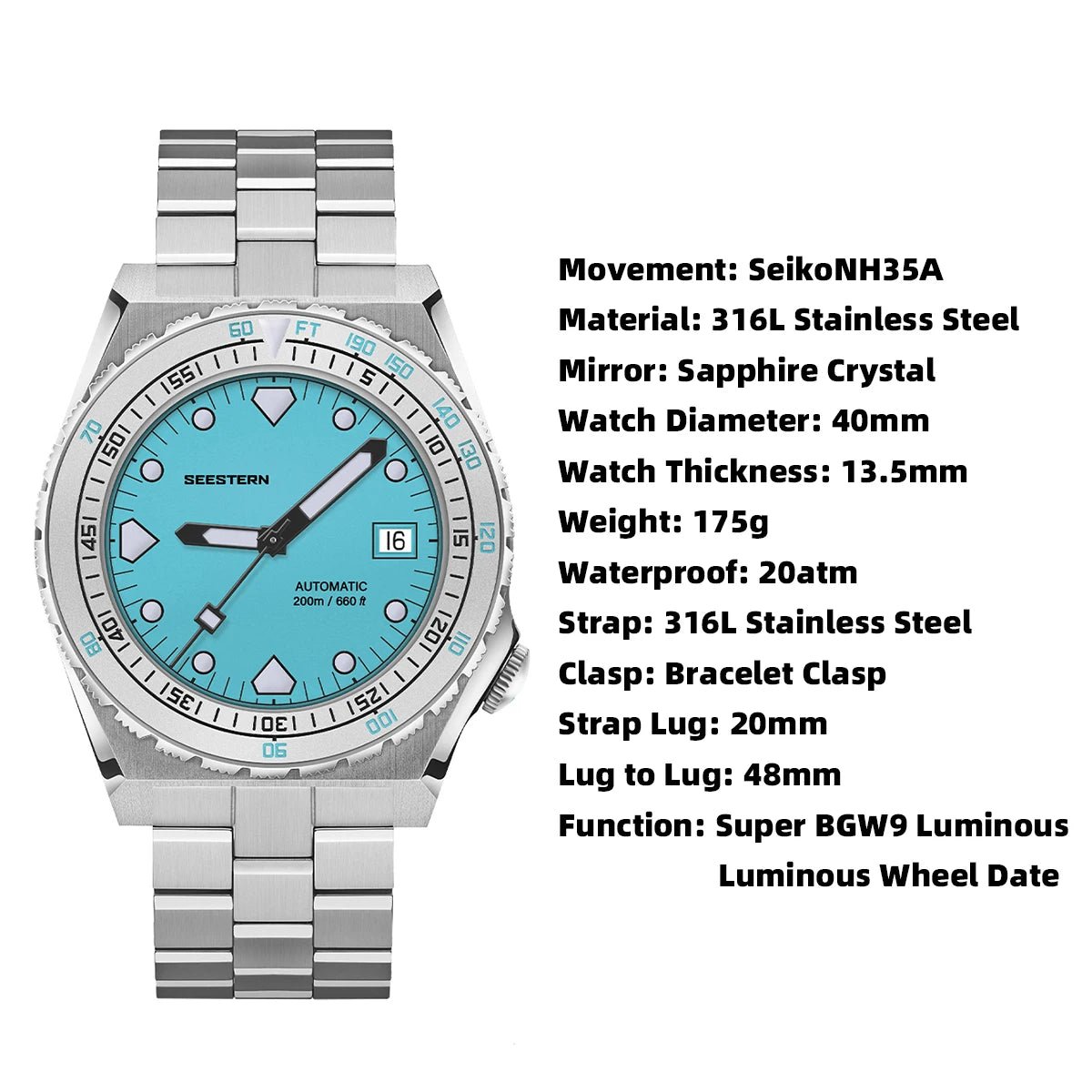 SEESTERN Men Watch Sapphire Luminous 200m Waterproof Bracelet Retro - Oreela