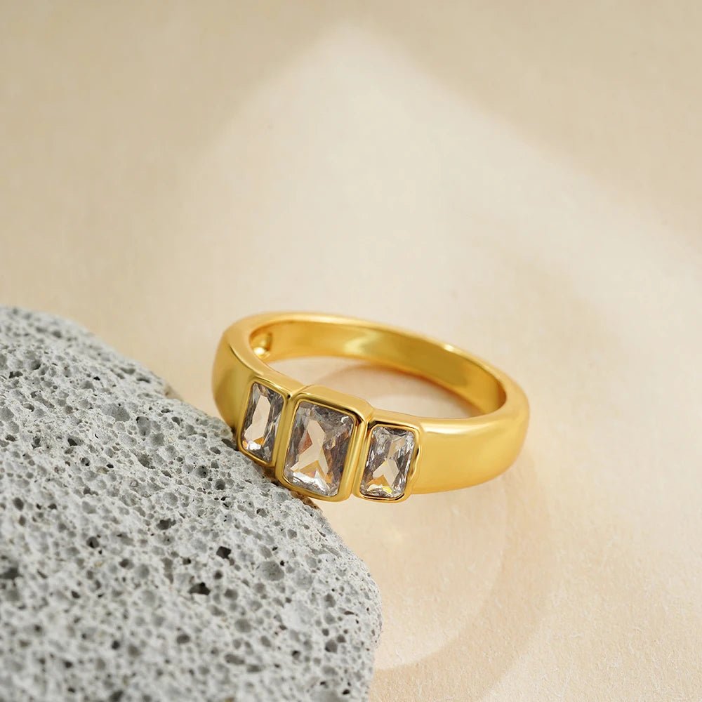 Shiny Square Cubic Zirconia Crystel Rhinestones Ring for Women 18k Gold Plated Charm Stylish Wedding Jewelry Gift - Oreela