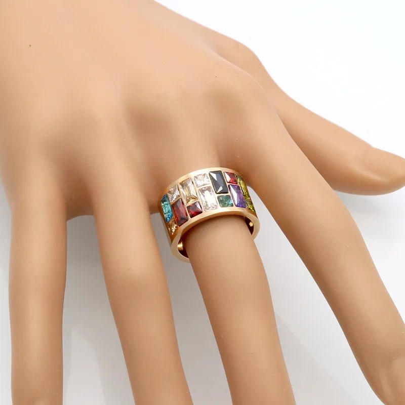 Stainless Steel Wedding Ring. Female Rainbow Color Stone Anillo Fashion Jewelry - Oreela
