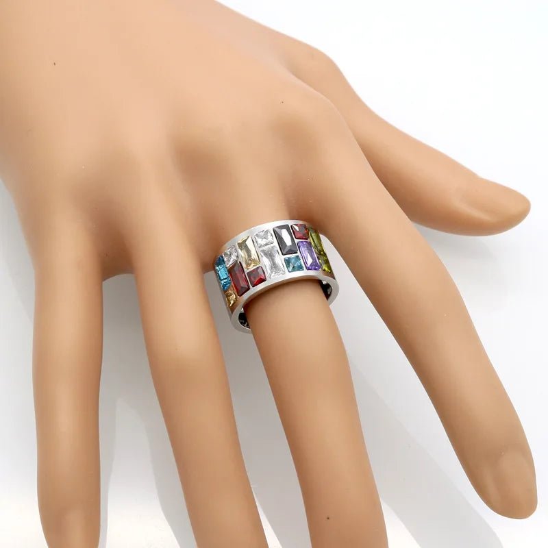 Stainless Steel Wedding Ring. Female Rainbow Color Stone Anillo Fashion Jewelry - Oreela